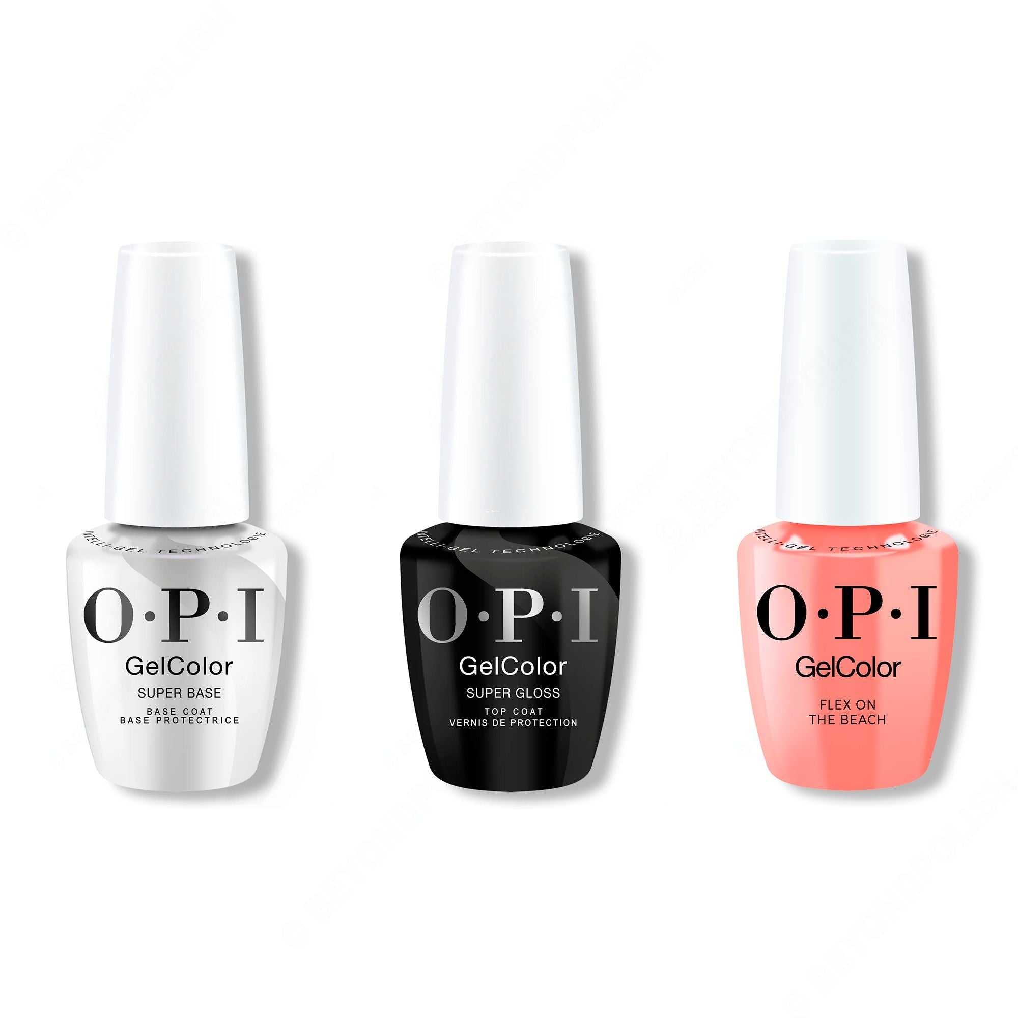 OPI GelColor Intelli-Gel Combo - Super Base Coat, Super Gloss Top Coat & Flex On The Beach - Gel Polish at Beyond Polish