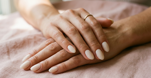 Hands with a glossy milky-nude gel manicure on almond nails resting on blush linen