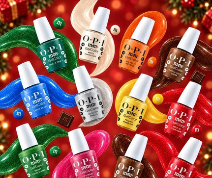 OPI Sweeten Your Mani x m&m's Holiday 2026 Collection — twelve GelColor bottles in candy-inspired red, green, blue, yellow, orange, brown, pink, white, and silver, surrounded by glittery polish swirls, m&m's candies, and holiday lights on a red background