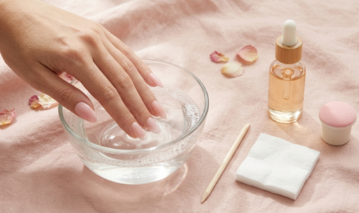 woman's hand soaking the fingertips in a small clear glass bowl of warm soapy water