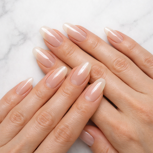 Close-up of two hands with long, natural-looking nails coated in a glossy clear builder gel overlay, resting on a soft white marble surface. Soft natural lighting, minimal and clean aesthetic, no nail art, shot from above.