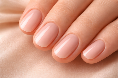 lose-up of delicate, naturally short nails with a soft sheer pink builder gel overlay