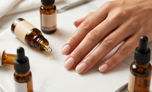 single hand resting on a clean white surface, nails finished in a soft milky nude gel, cuticles healthy and well-maintained, surrounded by small amber glass bottles of nail prep products