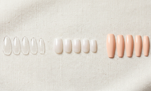 3 nail sets, one set of sheer soft-gel tips, one set of milky builder gel overlays, one set of sculpted poly gel extensions 