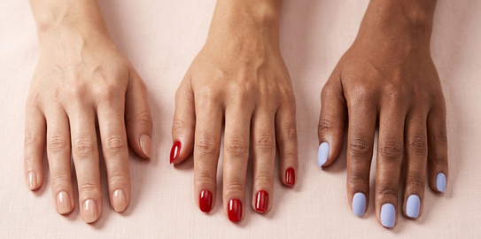 Three manicure finishes side by side — nude, glossy red, and pastel — comparing nail polish looks