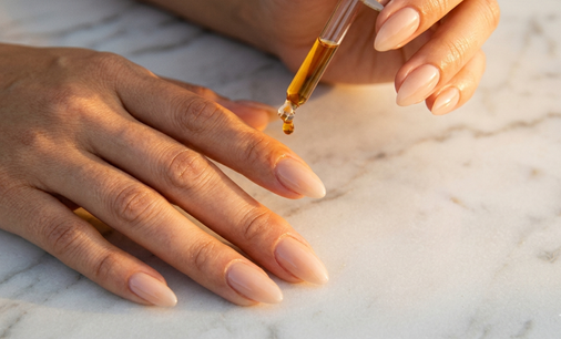 A pair of hands with a fresh soft-gel tip extension set, applying a drop of cuticle oil to the nail