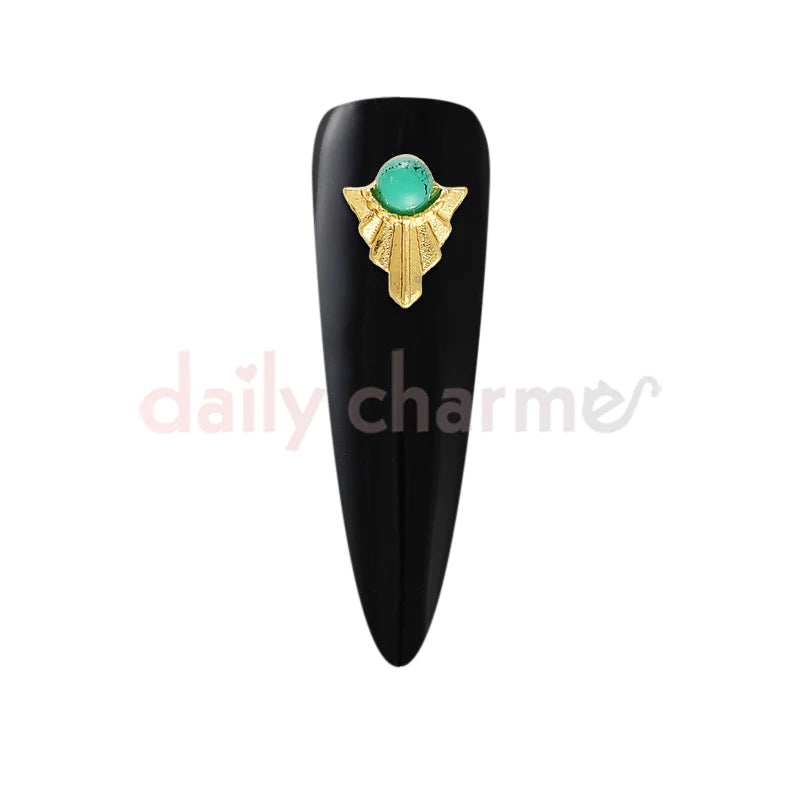 Daily Charme - Art Deco Round Turquoise Gem / Gold - Nail Art at Beyond Polish