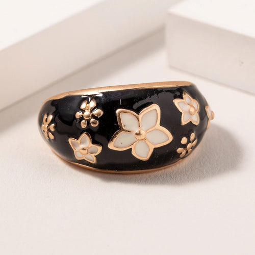 Flower Print Open Ring in Black