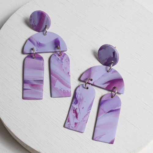 Handmade Marbled Clay Earrings in Lavender