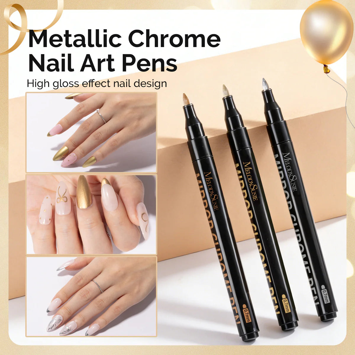 MelodySusie - Nail Art Pens Set Chrome Metallic 3 Colors - Nail Art at Beyond Polish