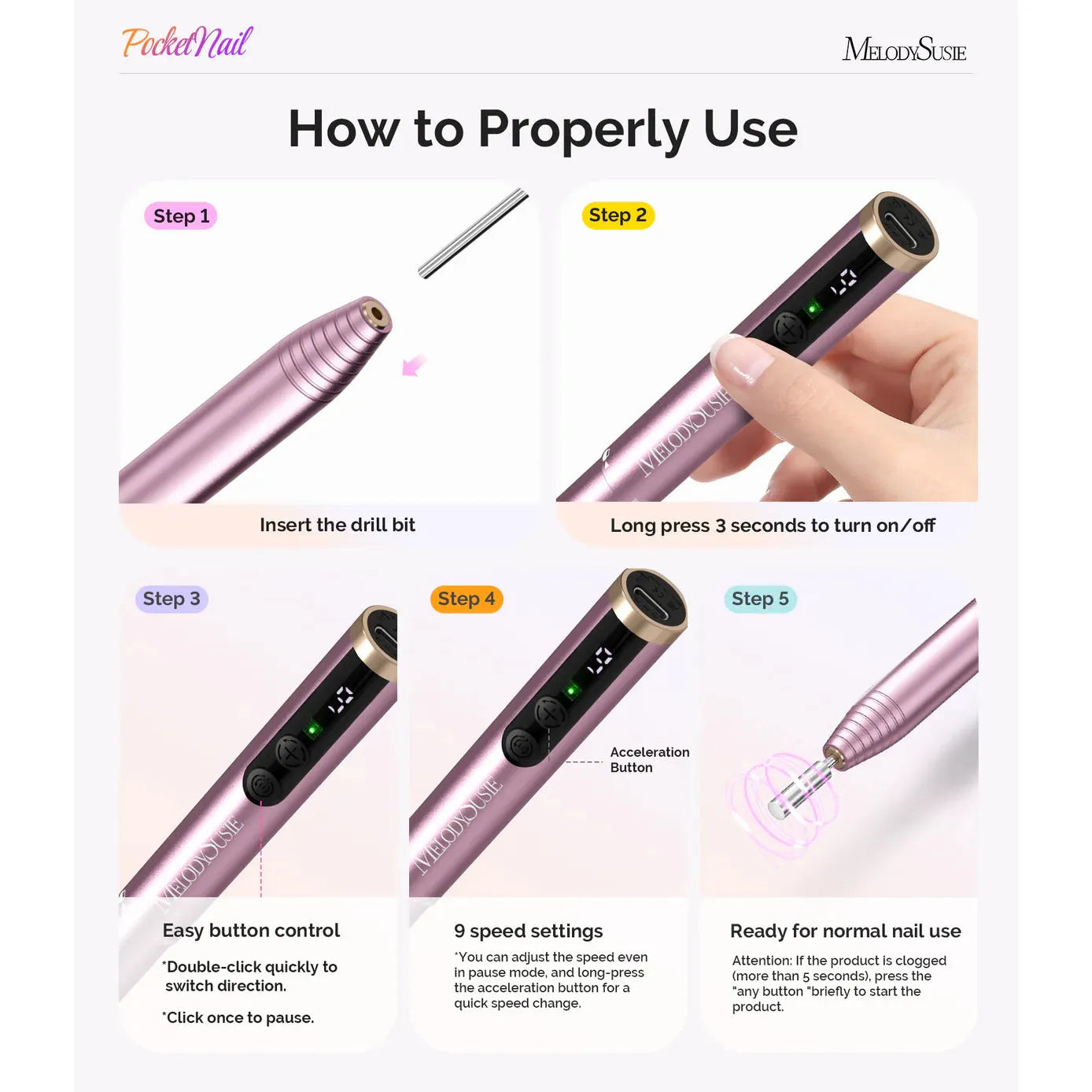 MelodySusie - PocketNail PC100GR/PC100G Innovative Pen-Shaped Portable Nail Drill 20,000RPM - Pleasing Pink - Manicure & Pedicure Tools at Beyond Polish