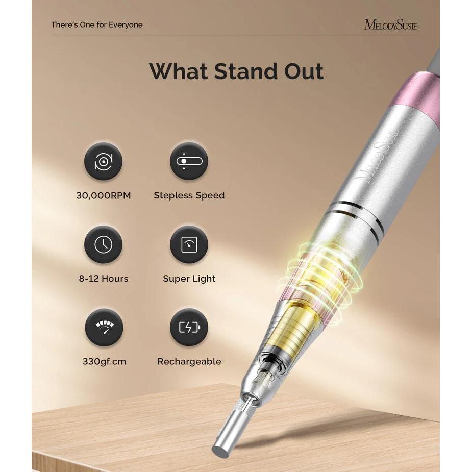 MelodySusie - SC330G Clip-On Rechargeable 2-in-1 Nail Drill with Built-In Stand 30,000RPM - Pink - Manicure & Pedicure Tools at Beyond Polish