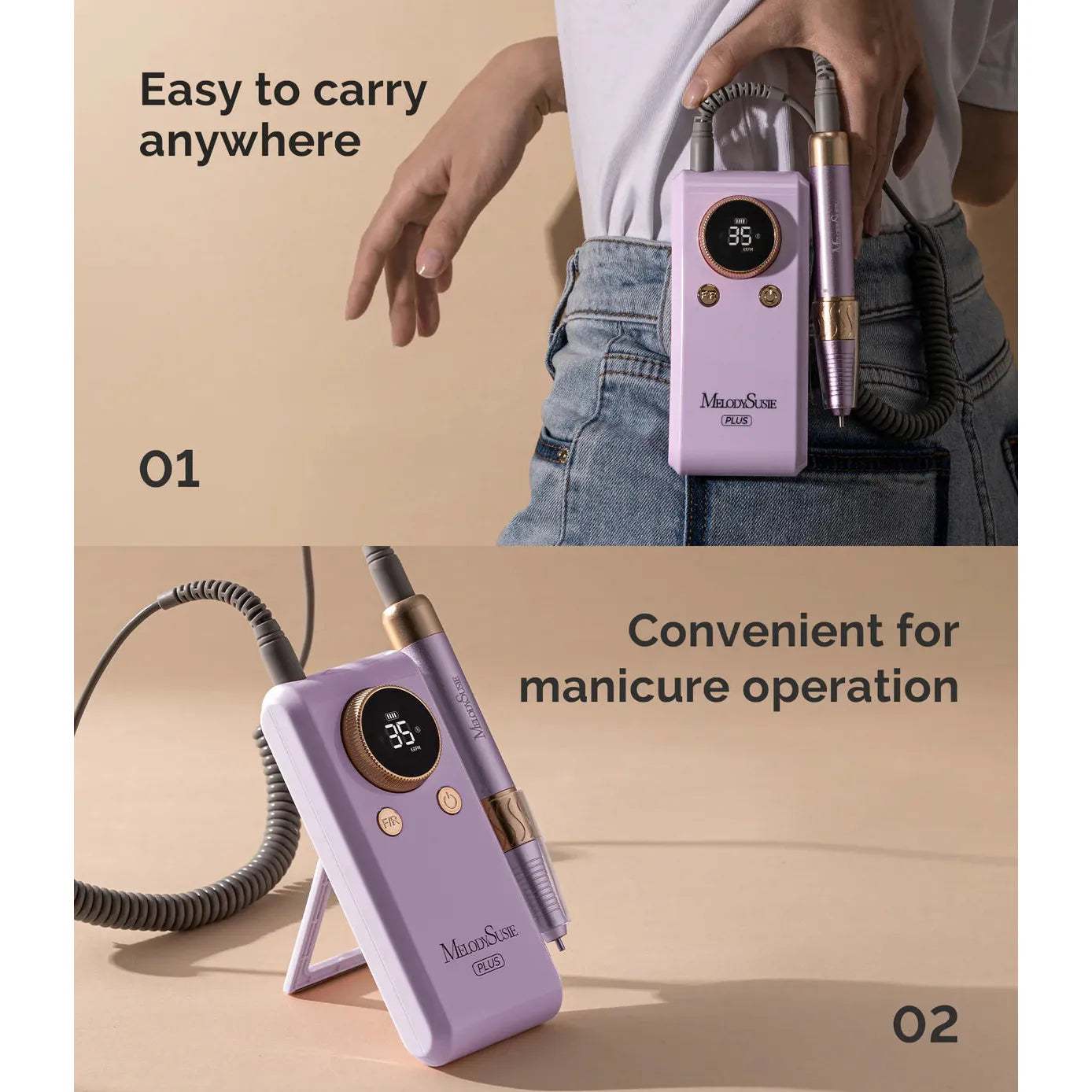 MelodySusie - Sm330G Clip-On Advanced Rechargeable 2-In-1 Nail Drill With Built-In Stand 35,000Rpm - Purple - Manicure & Pedicure Tools at Beyond Polish