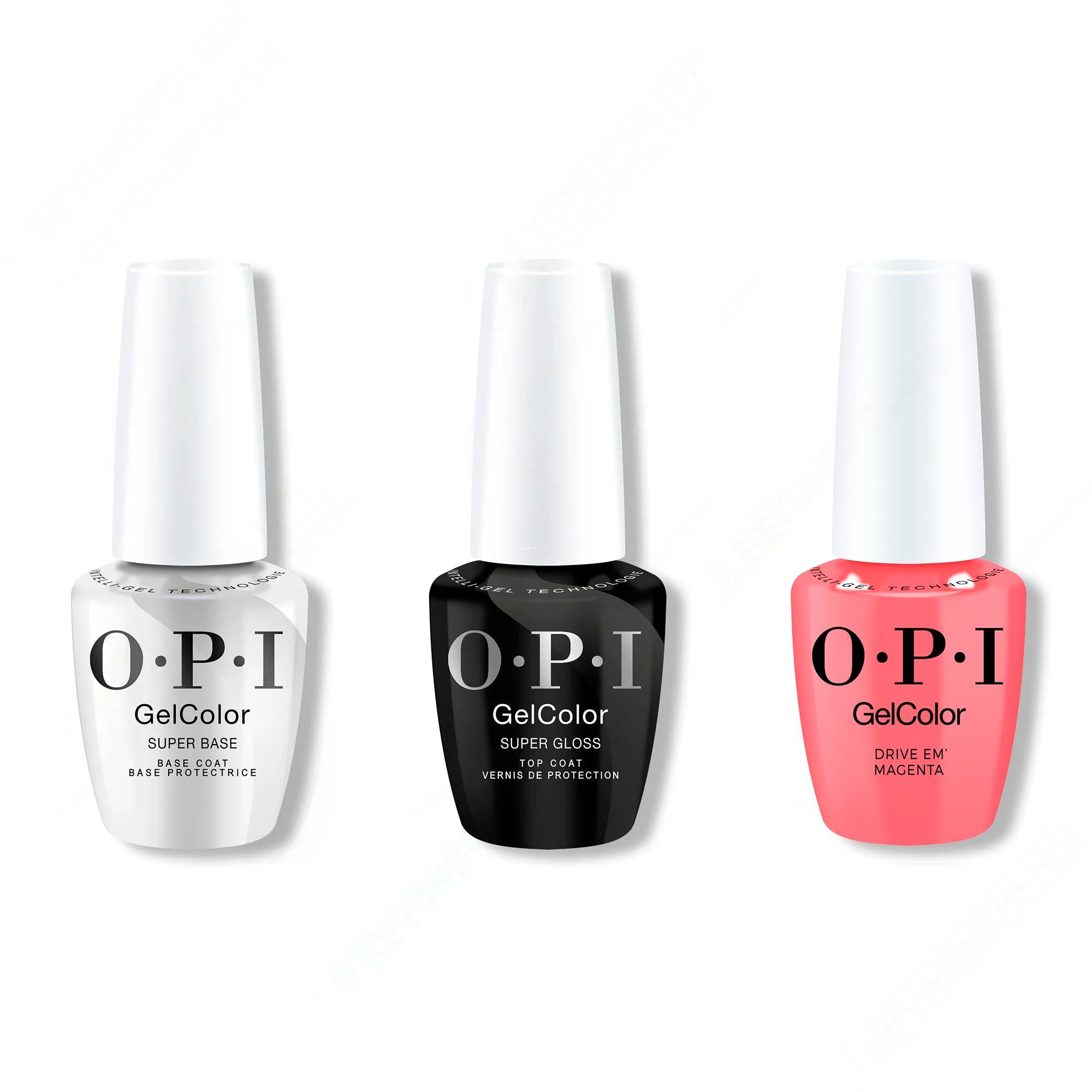 OPI GelColor Intelli-Gel Combo - Super Base Coat, Super Gloss Top Coat & Drive ‘Em Magenta - Gel Polish at Beyond Polish