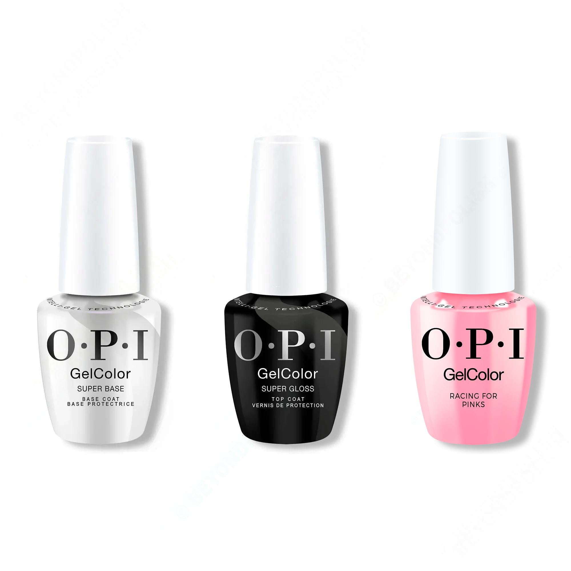 OPI GelColor Intelli-Gel Combo - Super Base Coat, Super Gloss Top Coat & Racing For Pinks 0.5 Oz - Gel Polish at Beyond Polish