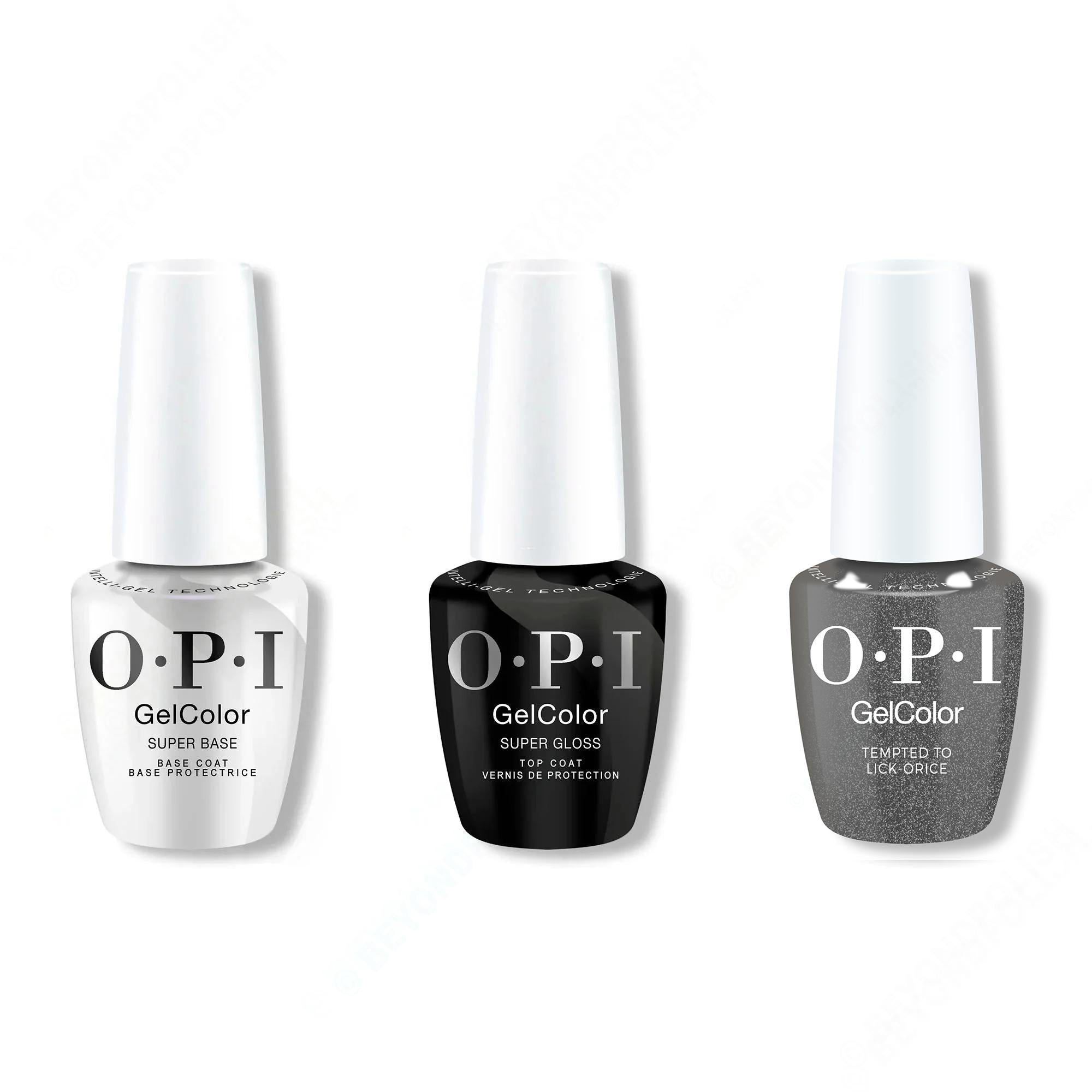 OPI GelColor Intelli-Gel Combo - Super Base Coat, Super Gloss Top Coat & Tempted to Lick-orice - Gel Polish at Beyond Polish