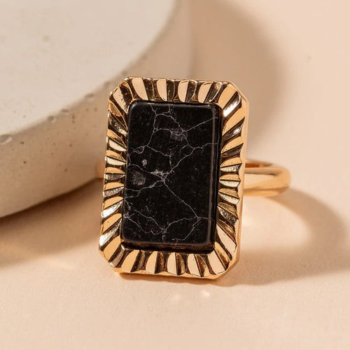 Rectangular Stone Metal Ring in Black
