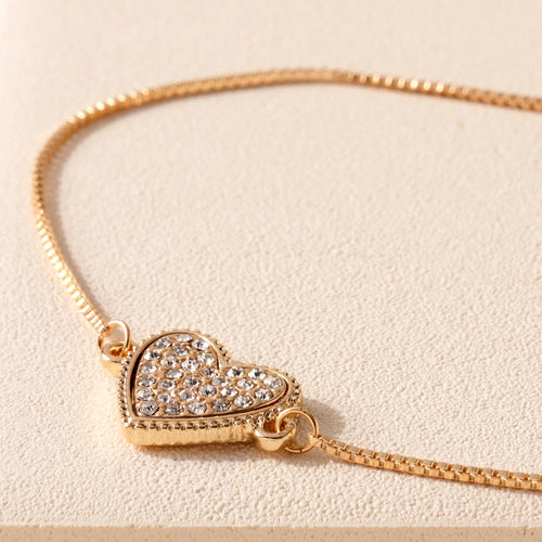 Rhinestone Heart Charm Bracelet in Gold