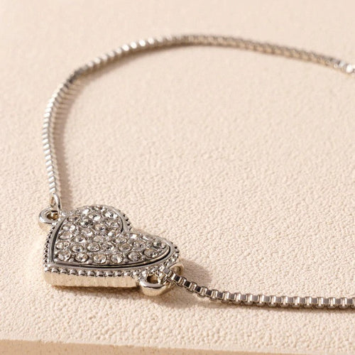 Rhinestone Heart Charm Bracelet in Silver