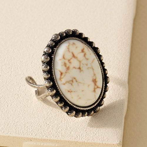 Western Oval Stone Open Ring in White