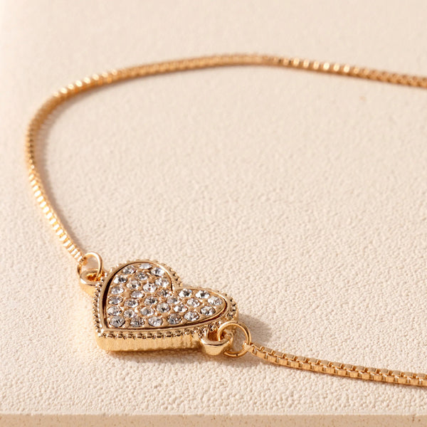 Rhinestone Heart Charm Bracelet in Gold - Bracelets - Nail Polish at Beyond Polish